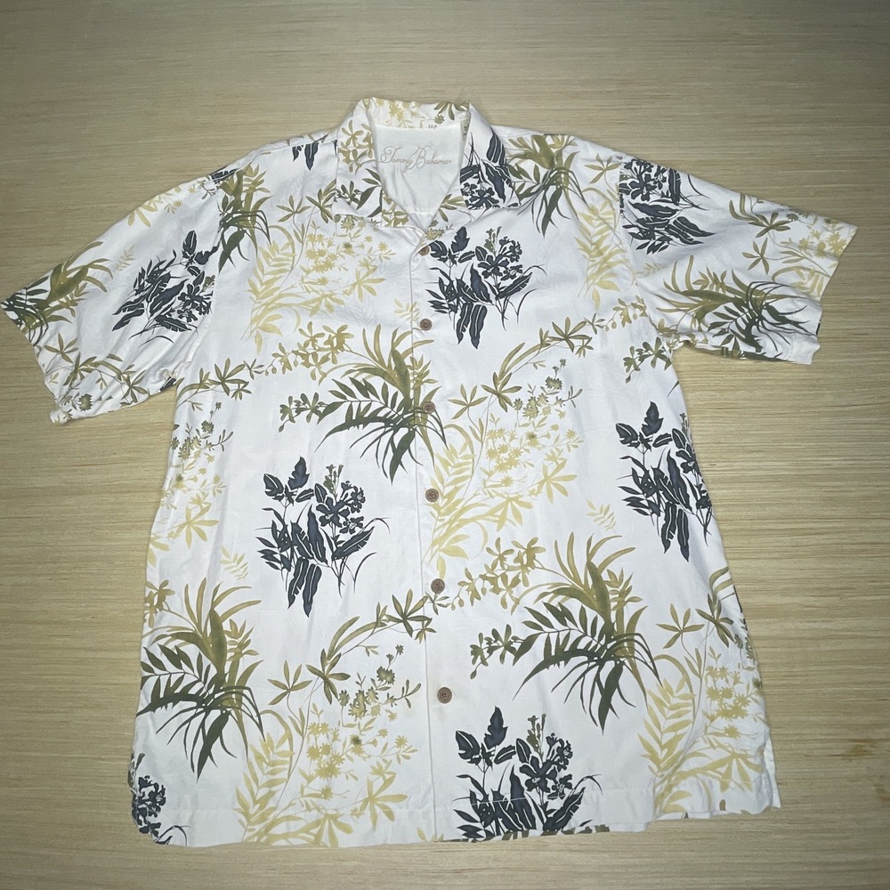 Tommy Bahama Mens 100% Silk Hawaiian Shirt Palm Leaf Green Button Down Large